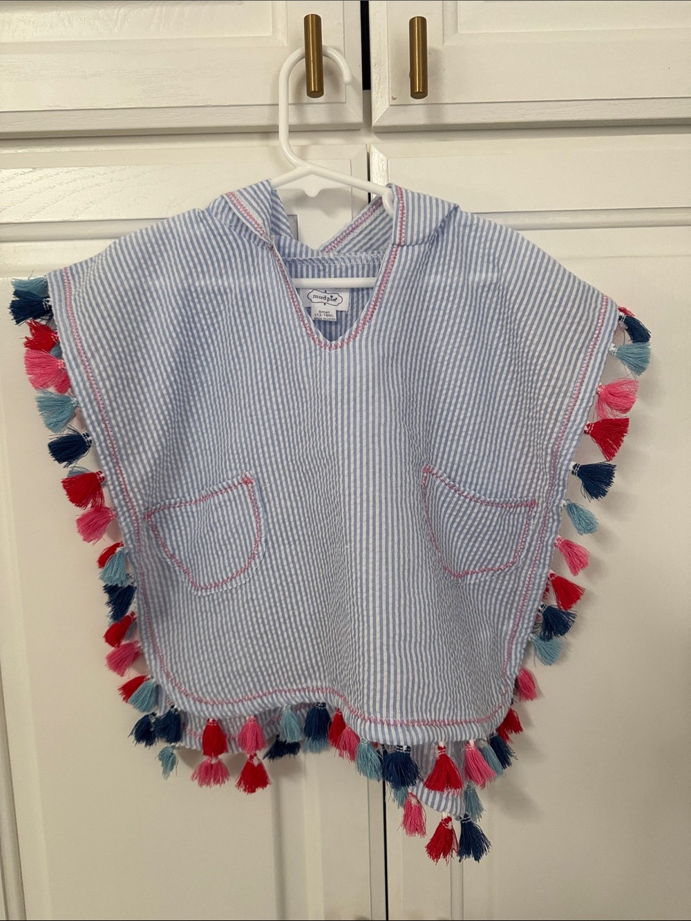 Mud Pie Light Blue Seersucker Hooded Poncho with Multicolor Tassels